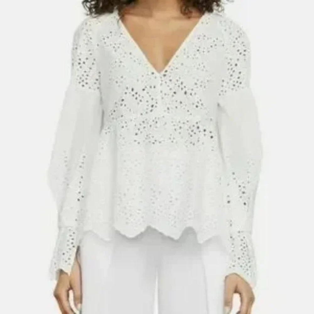 BCBGMaxAzria White V-Neck Eyelet Top Blouse  SIize M